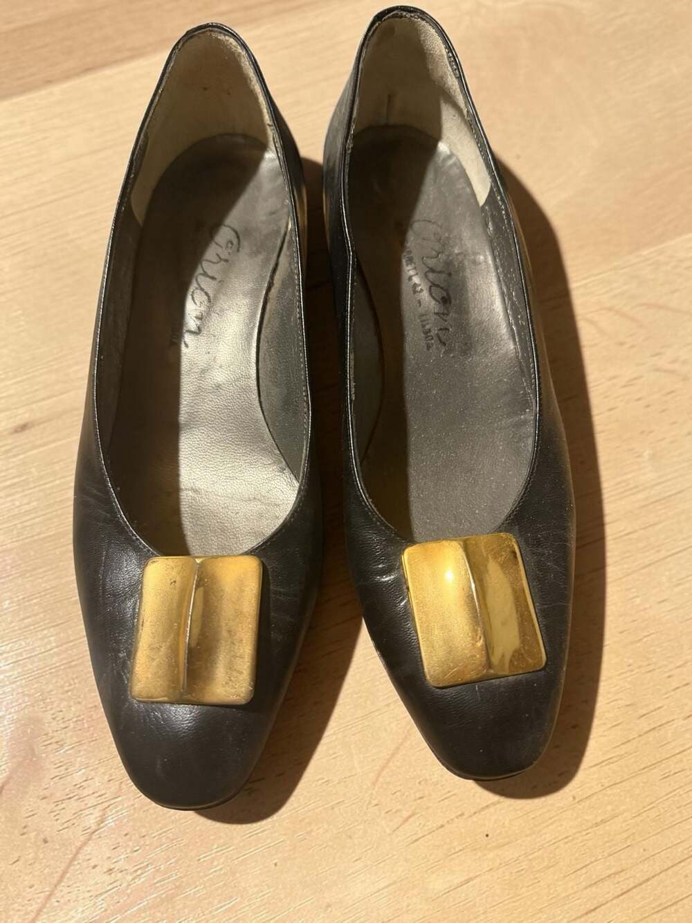 Orion Black Leather Gold Buckle Block Heel Pumps